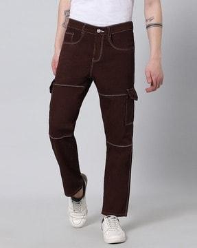 men straight denim jeans with cargo pockets