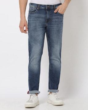 men straight fit mid-wash jeans