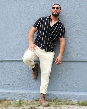 men striped regular fit shirt with short sleeves