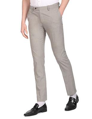 men taupe grey hudson tailored fit oxford weave formal trousers