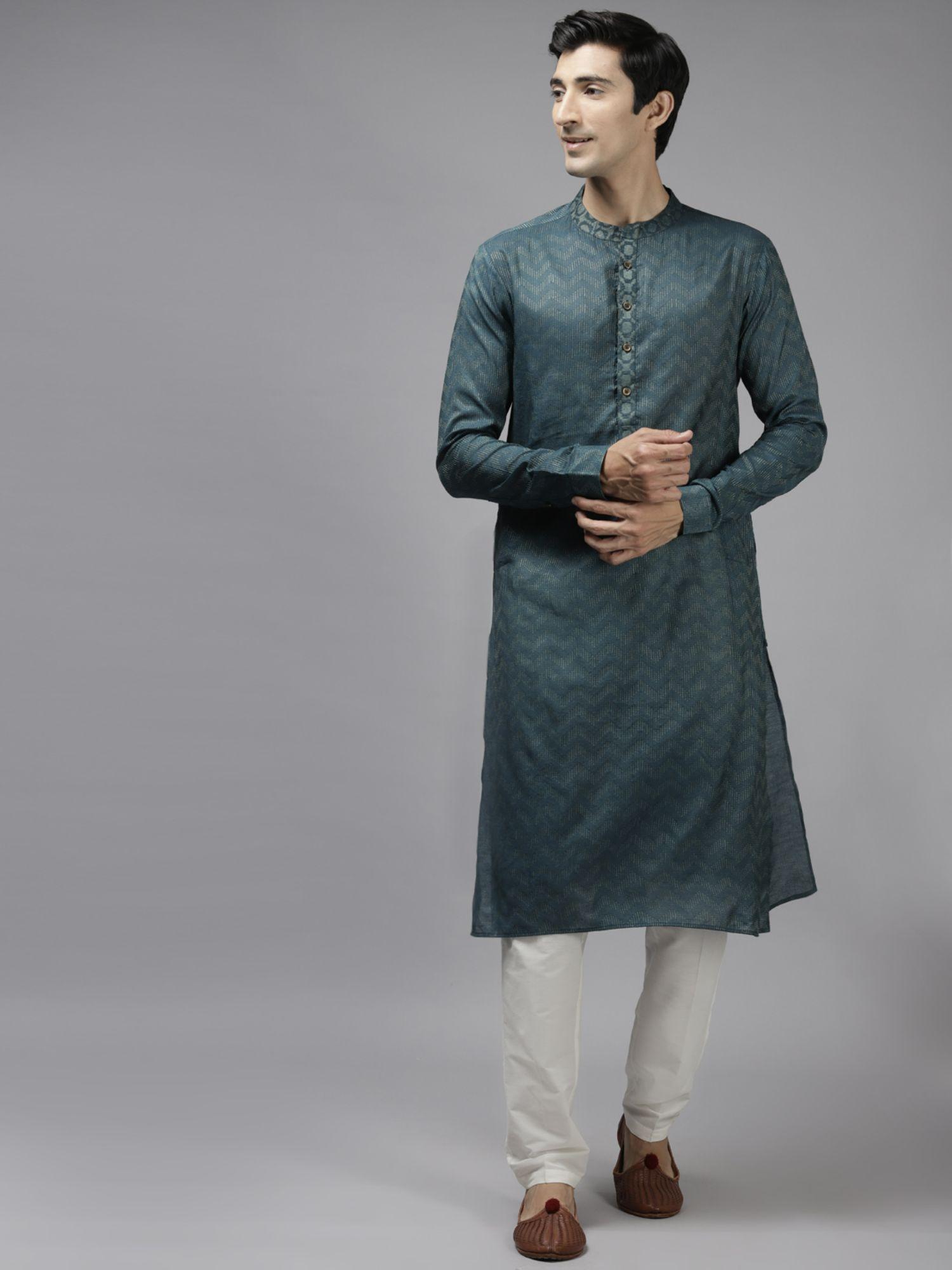 men teal & beige woven design thread work kurta with pyjama (set of 2)