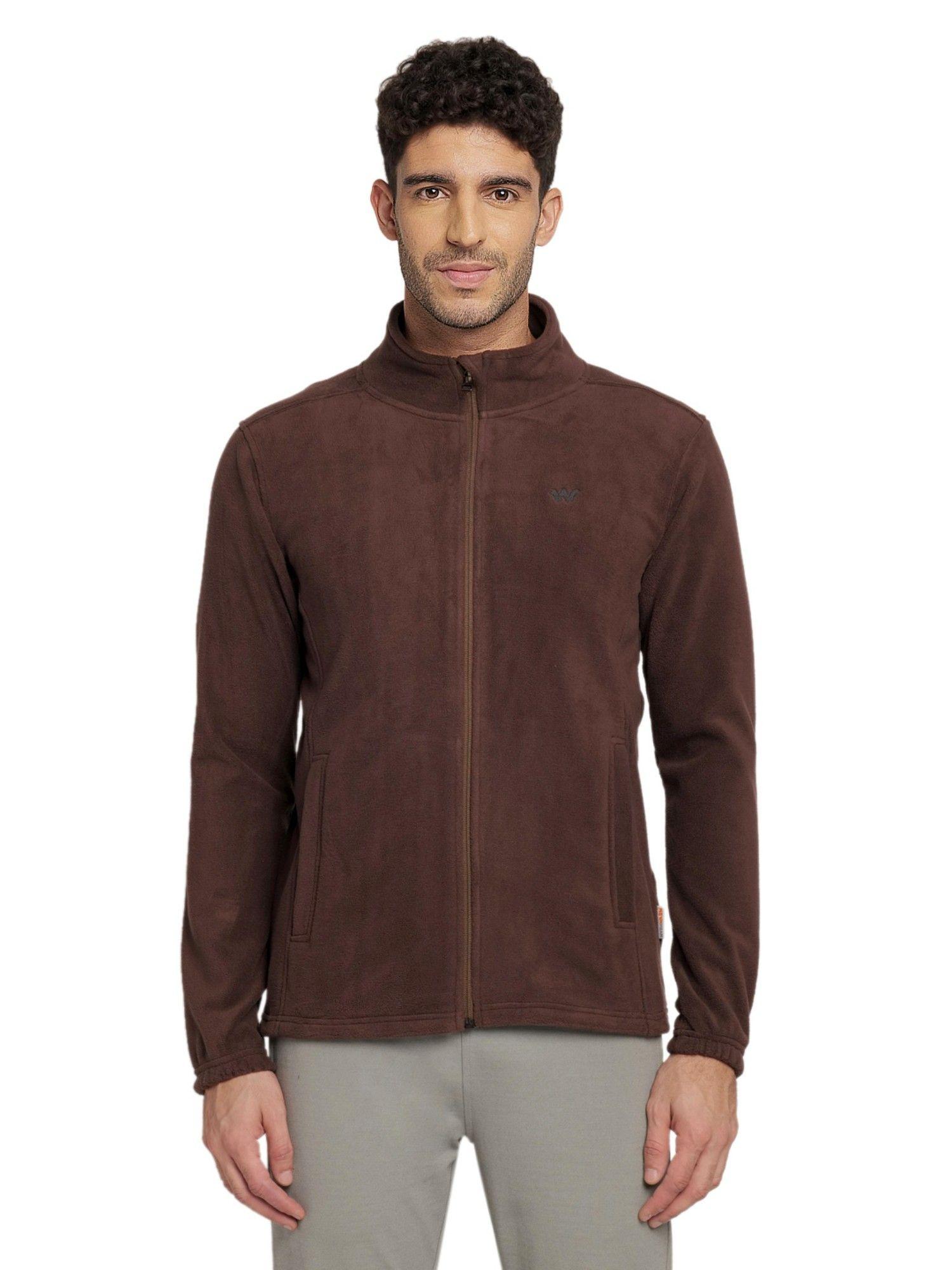 men textile solid plain jacket-brown