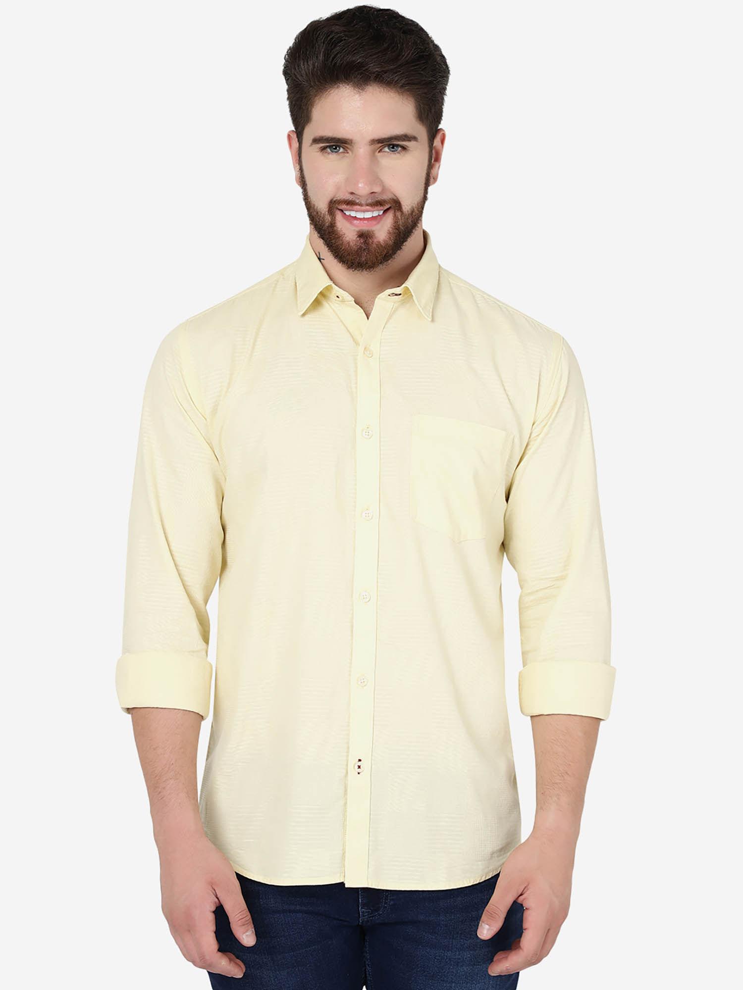 men textured mellow yellow cotton smart fit semi casual shirt