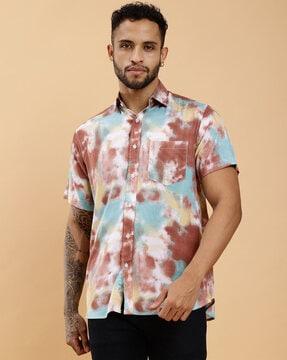 men tie & dye regular fit shirt with patch pocket