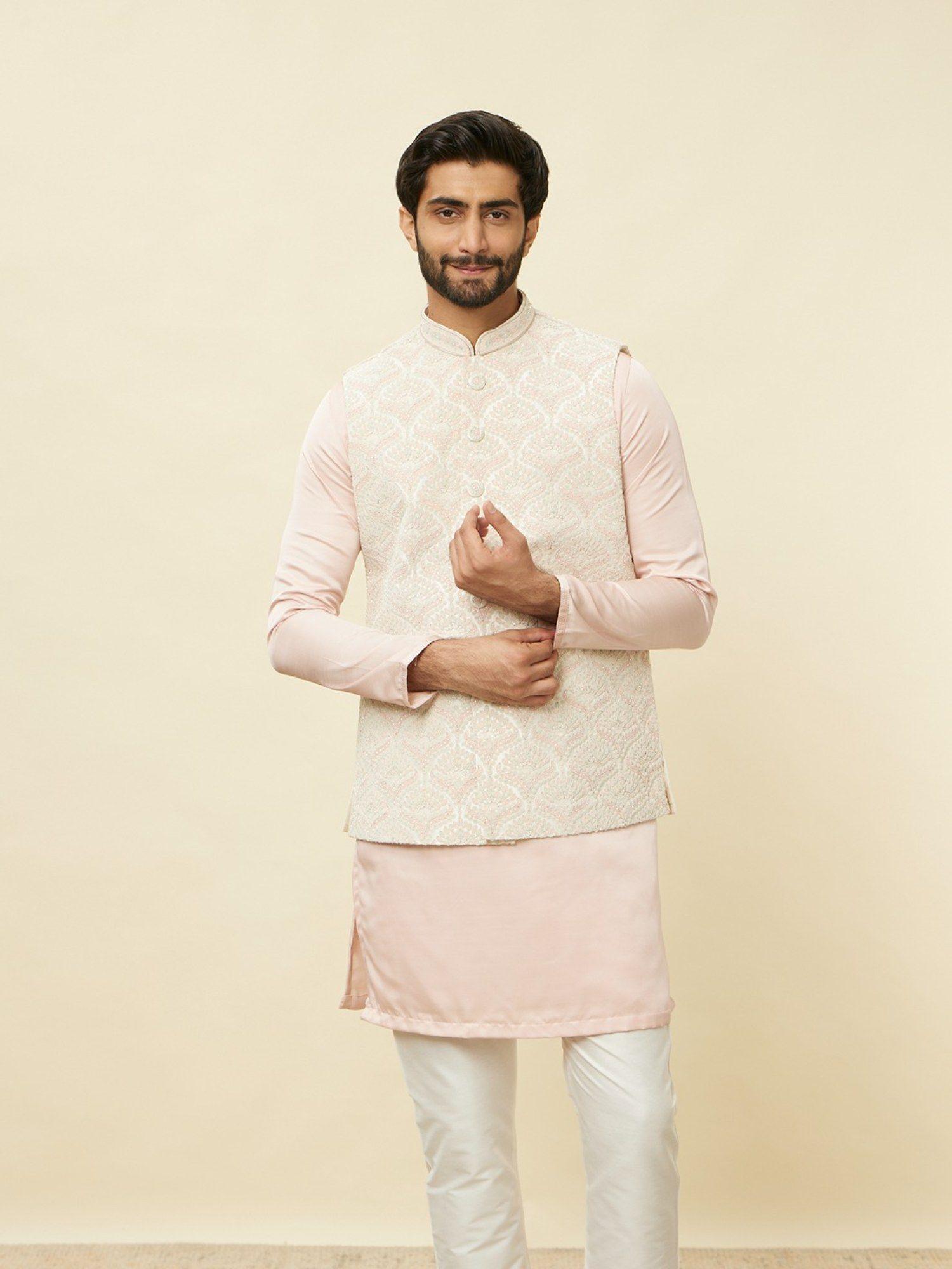 men warm white art silk embroidered nehru jacket