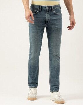 men washed high-rise straight fit jeans