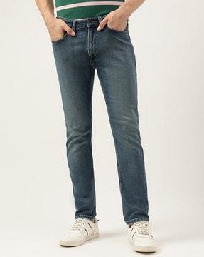 men washed high-rise straight fit jeans