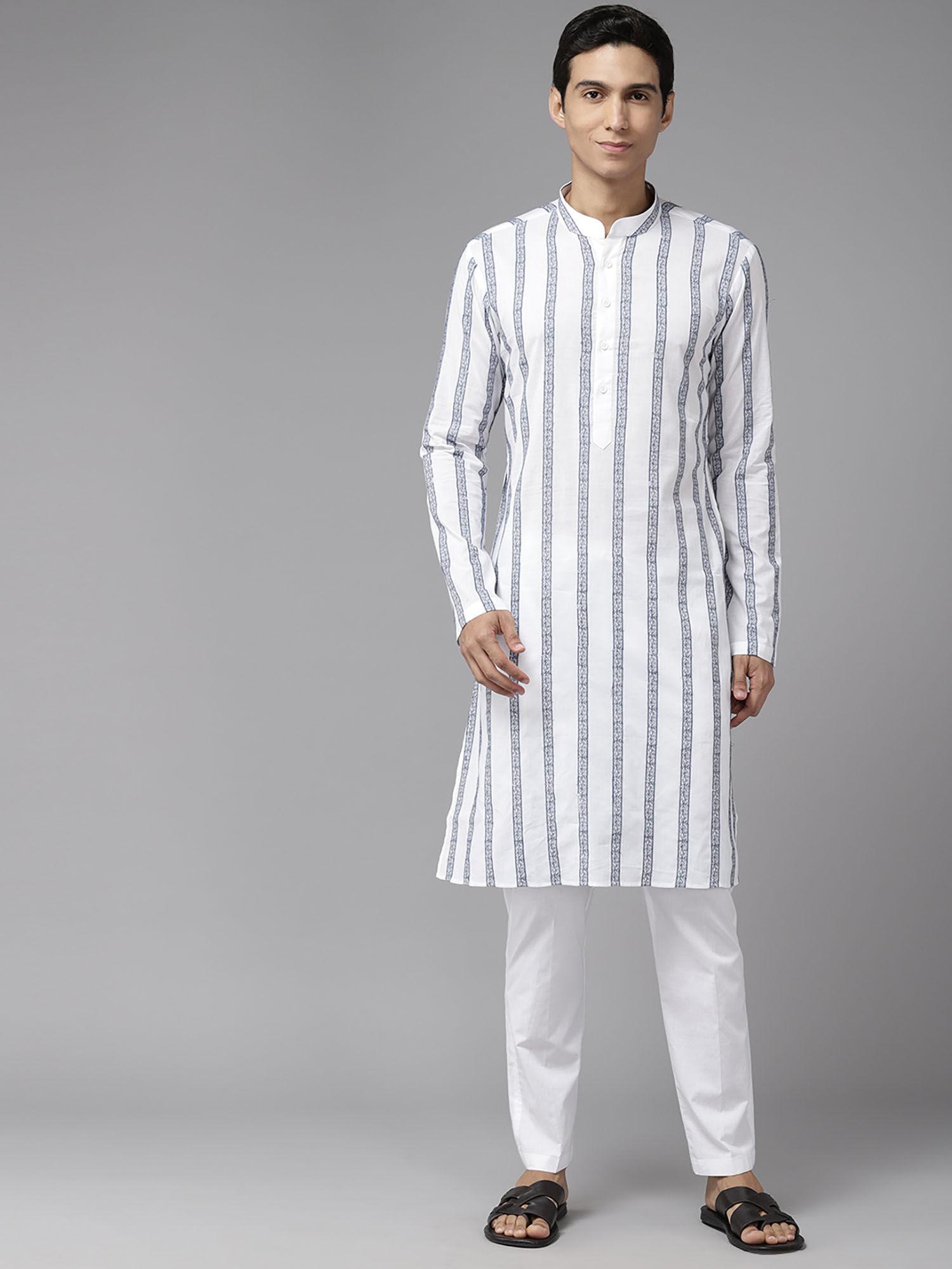men white & blue pure cotton embroidered straight kurta