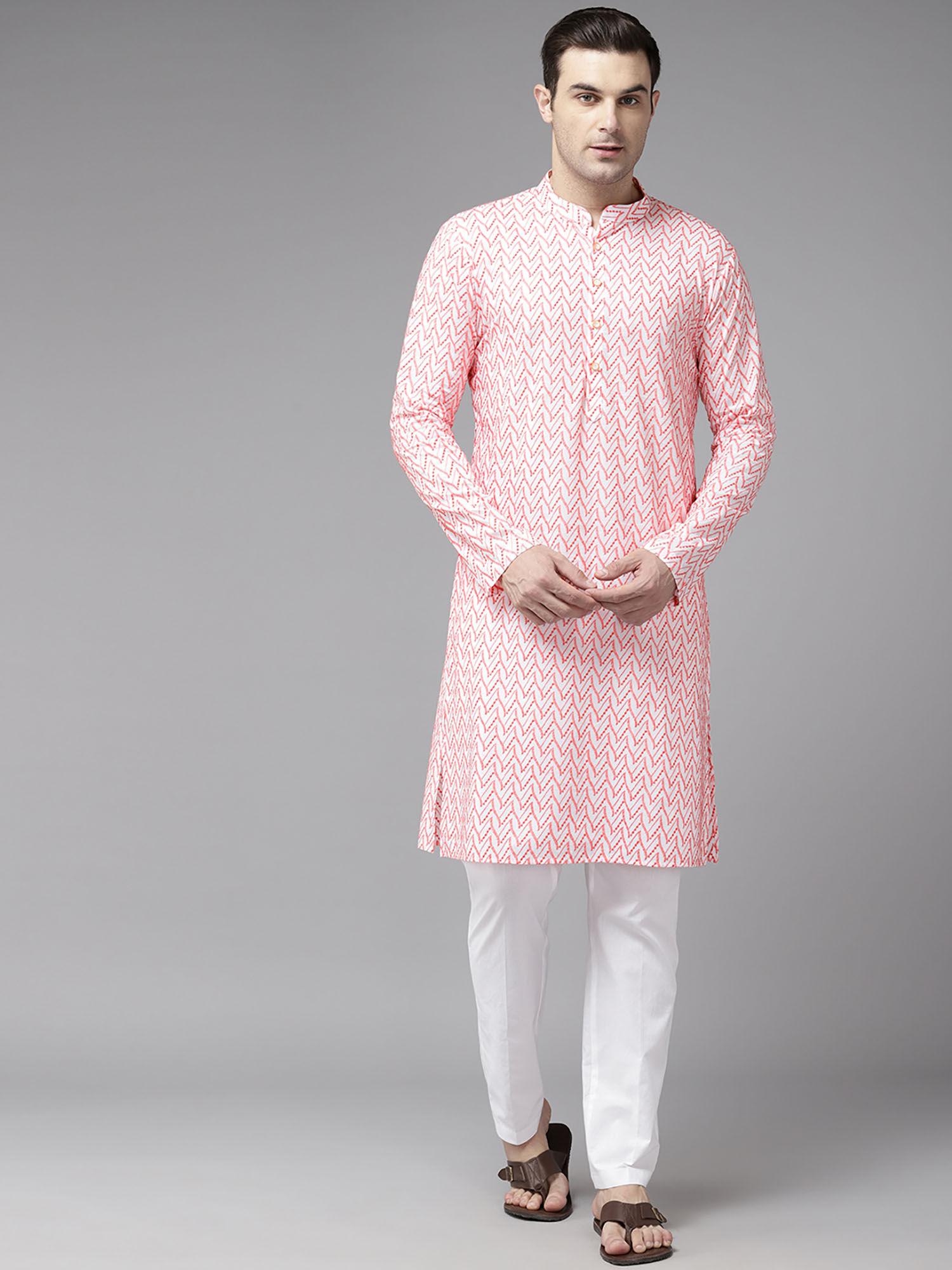 men white & pink pure cotton embroidered straight kurta