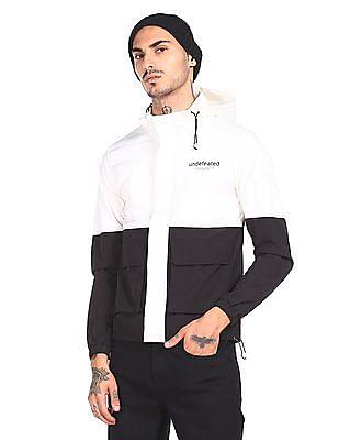 men white and black drawstring hood colour block jacket