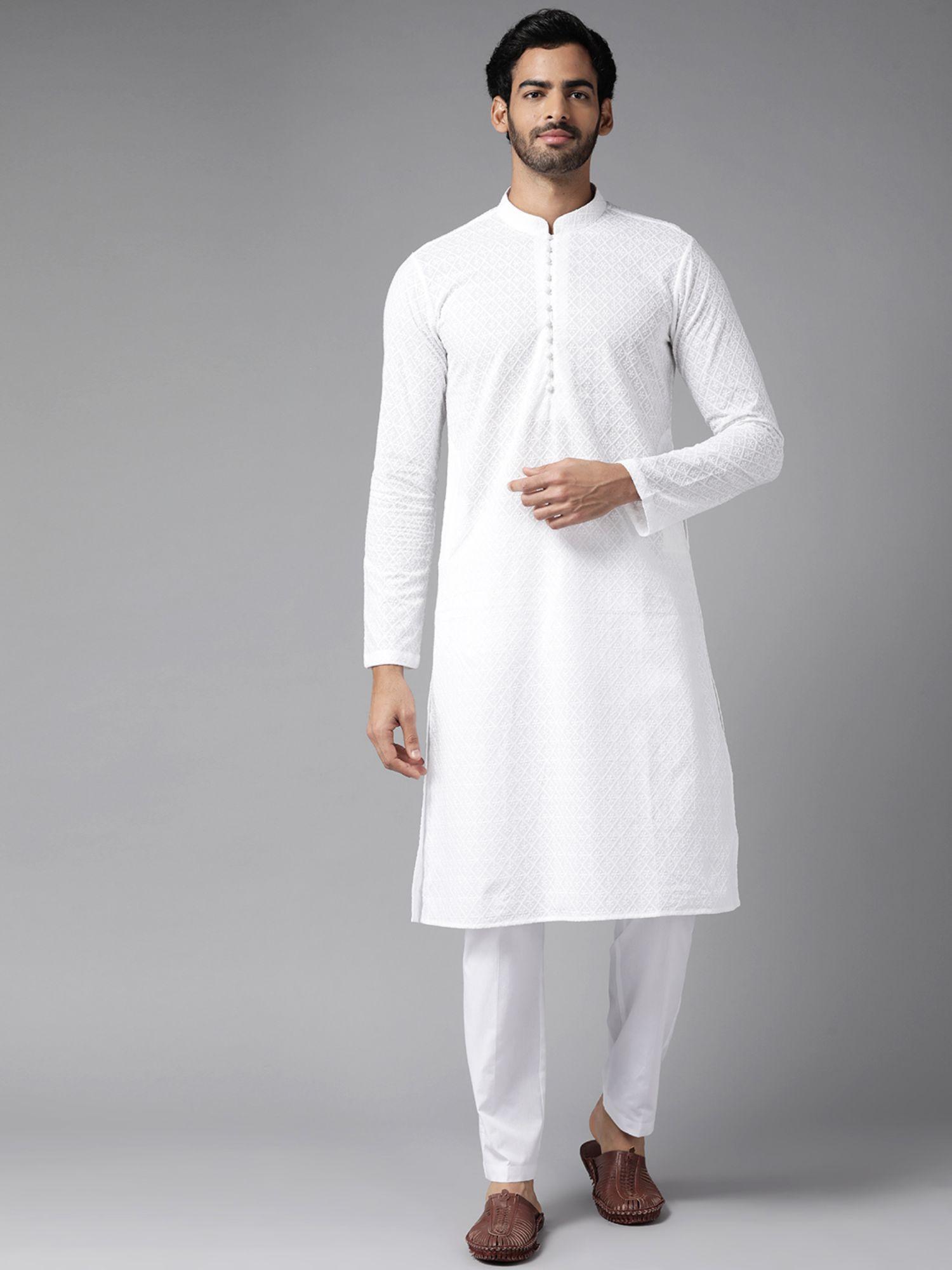 men white chikankari embroidered kurta with pyjama (set of 2)