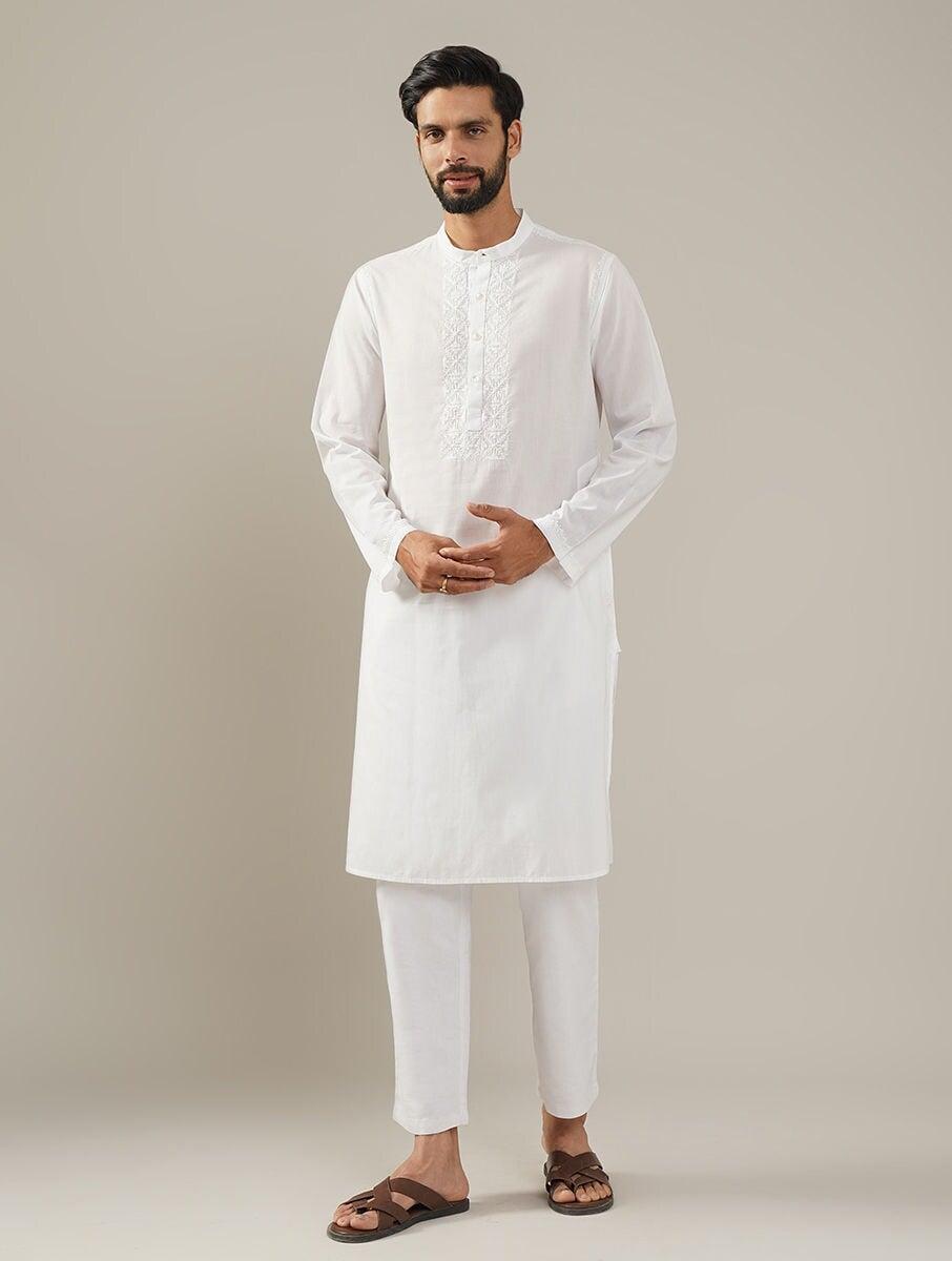 men white cotton embroidered mandarin collar regular fit kurta