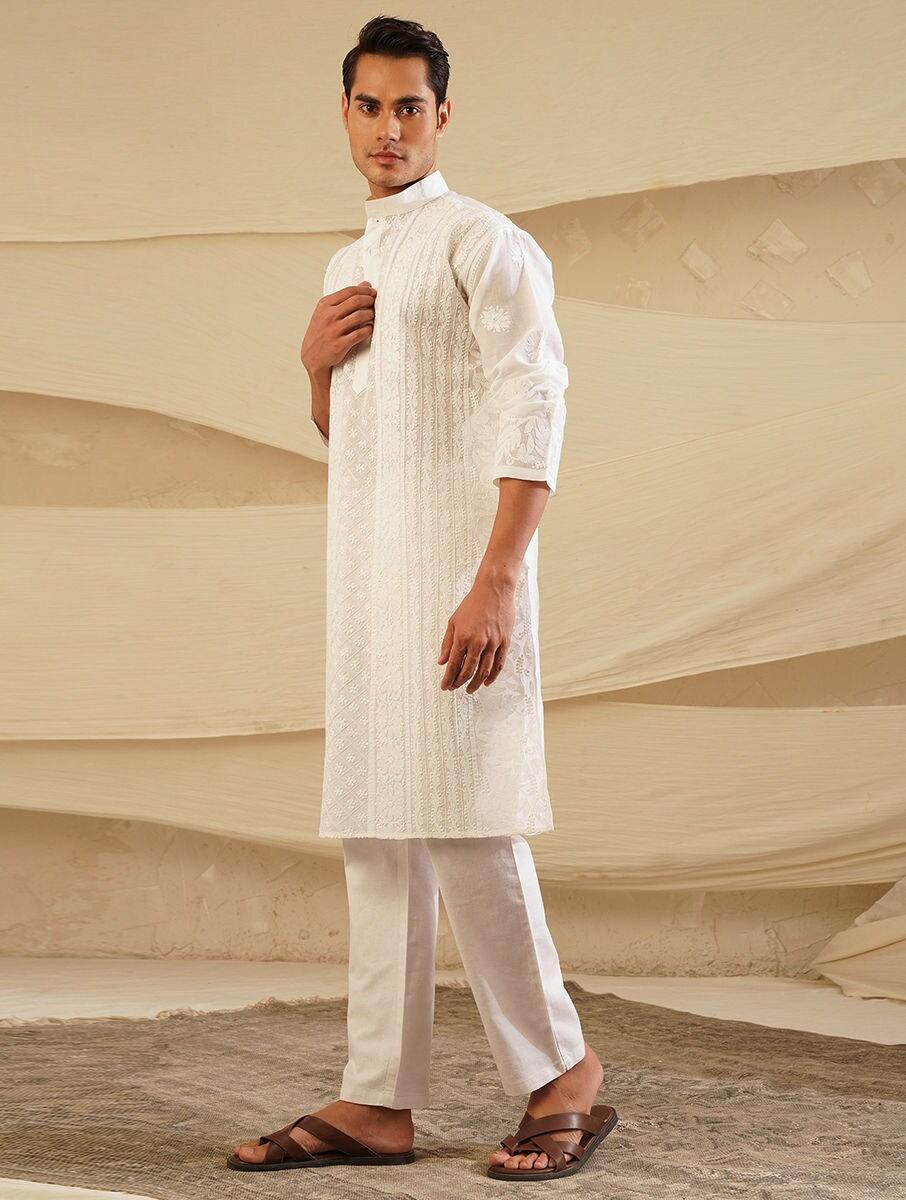 men white cotton embroidered mandarin collar regular fit kurta