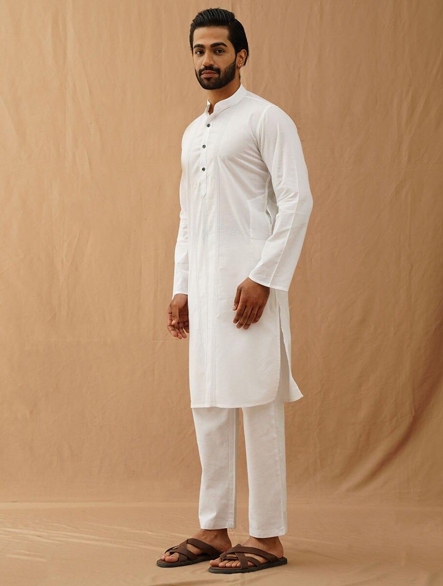 men white cotton self design mandarin collar regular fit kurta