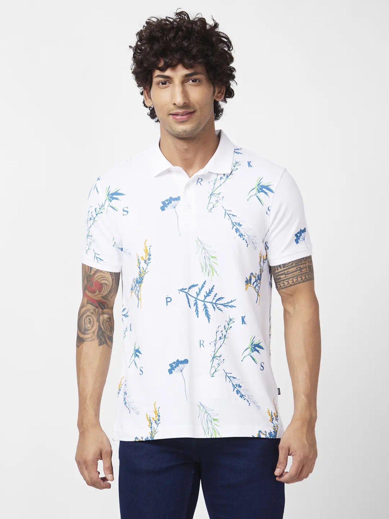 men white cotton slim fit half sleeve collar neck floral print polo t-shirt