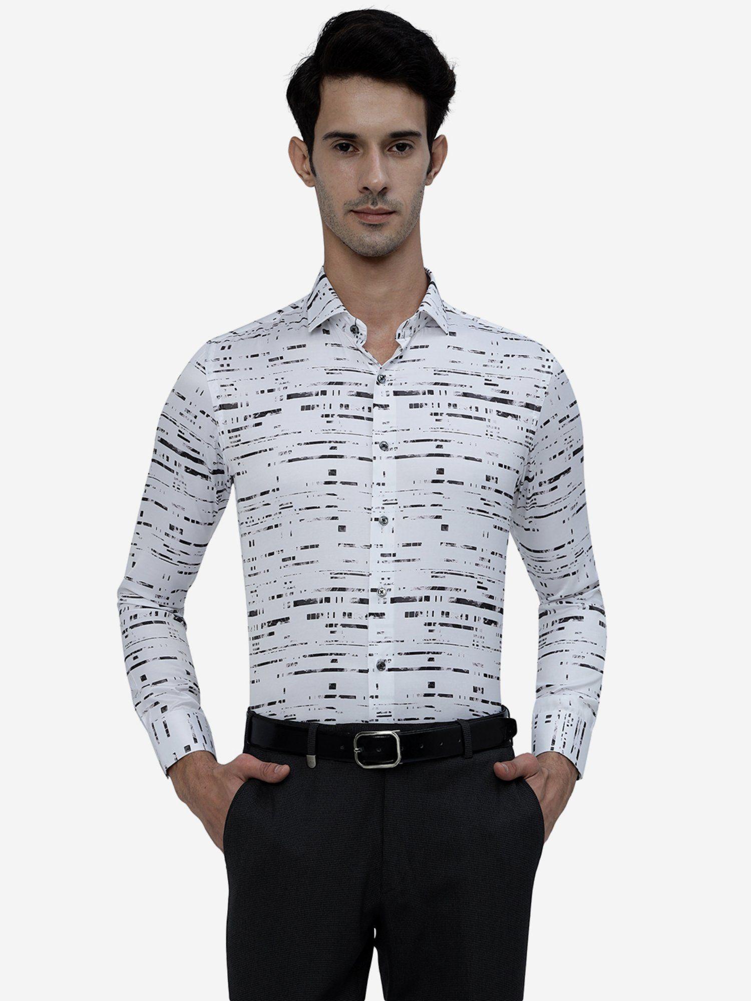 men white cotton slim fit printed formal casual wear shirt