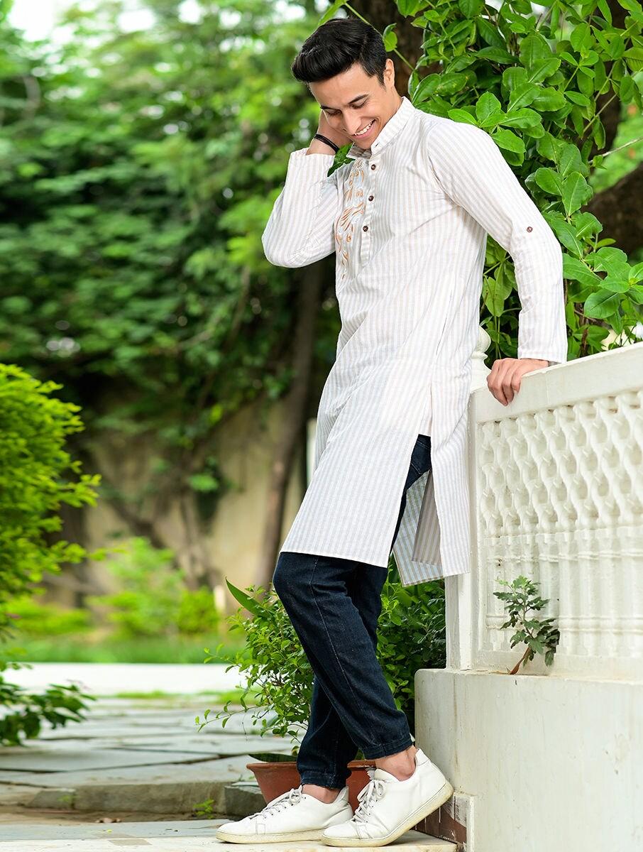 men white cotton solid mandarin collar regular fit kurta