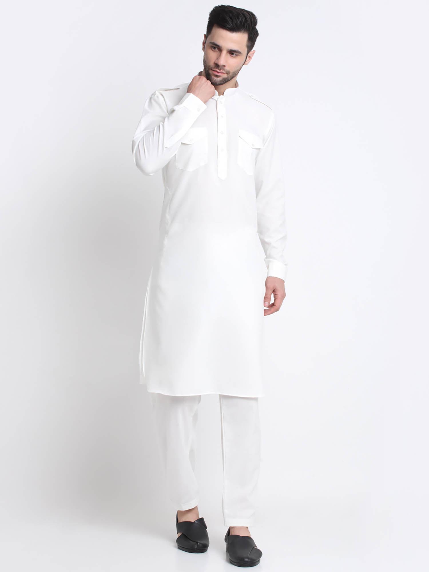 men white cotton solid pathani and trousers (set of 2)