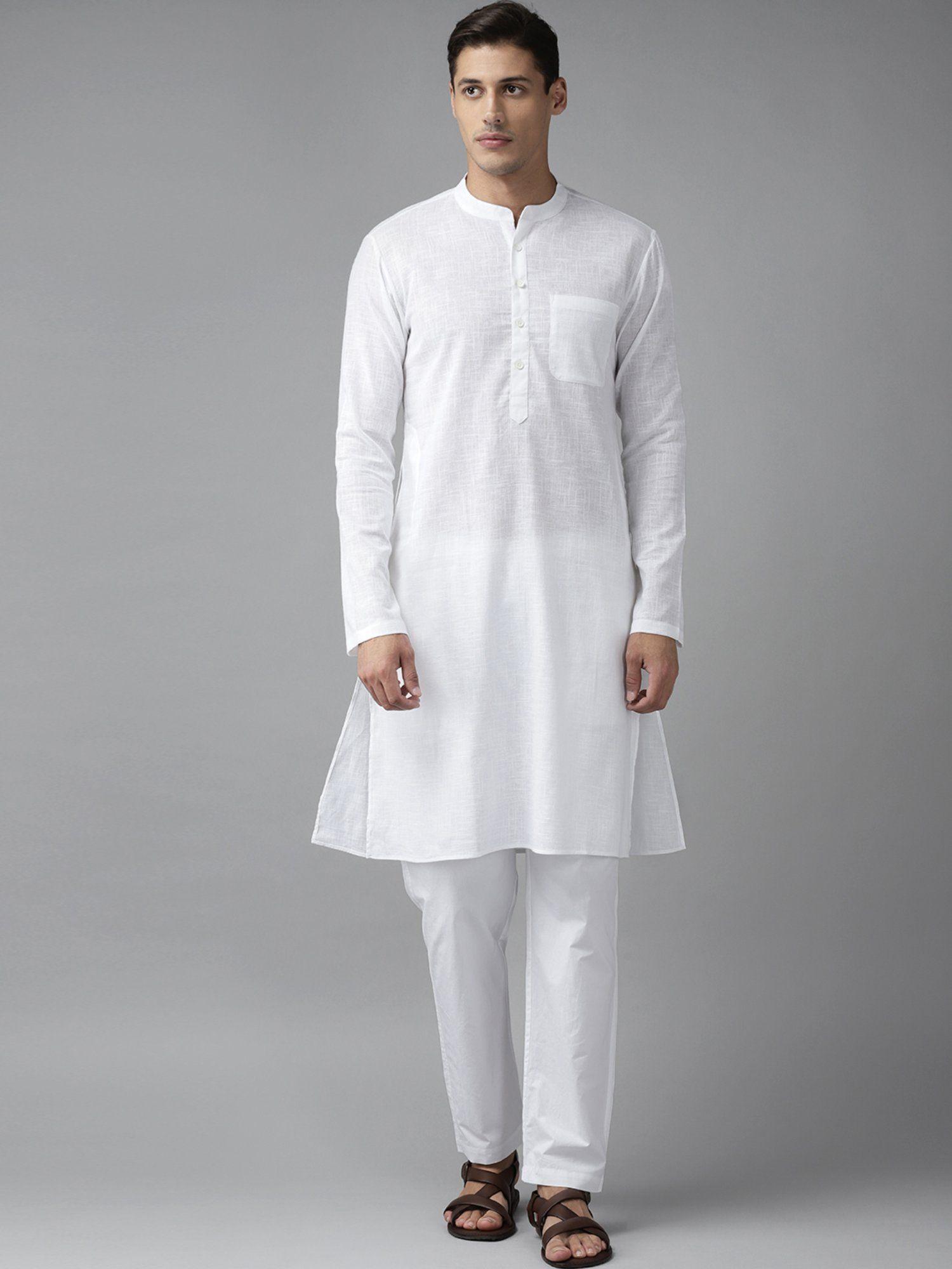 men white cotton straight slub effect kurta & pyjama (set of 2)