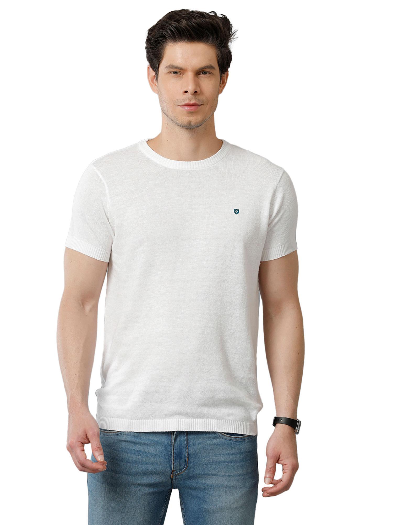men white solid round neck linen knitted t-shirt