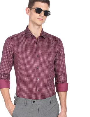men wine spread collar all over print formal shirt