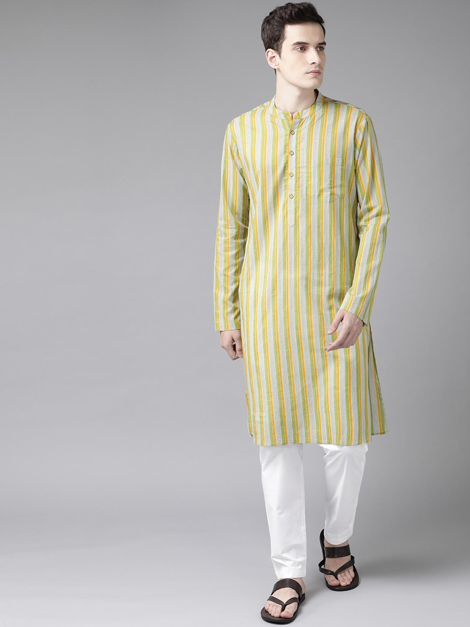 men yellow and white printed straight kurta with pyjama (set of 2)