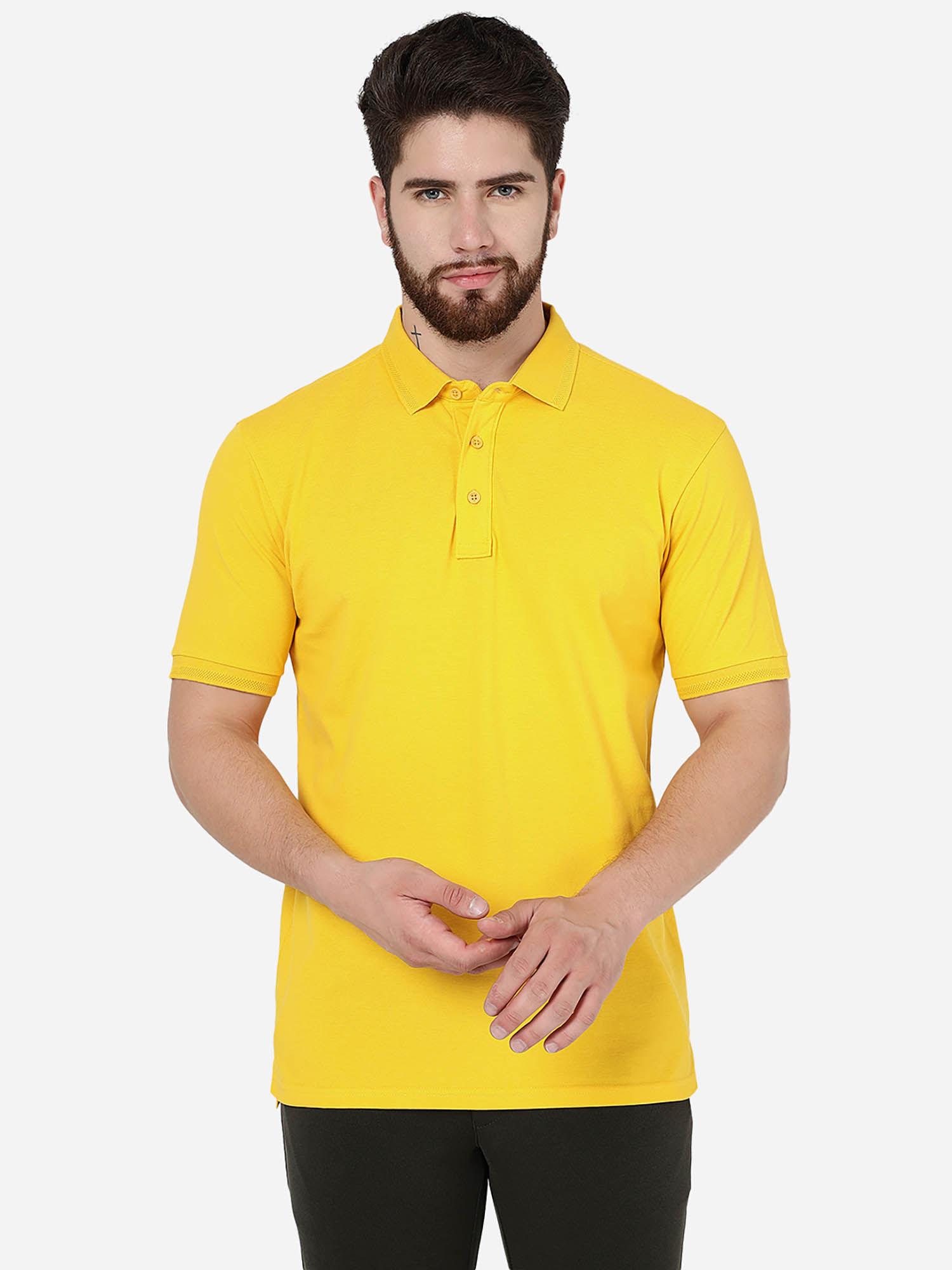 men yellow cotton slim fit solid polo t-shirt