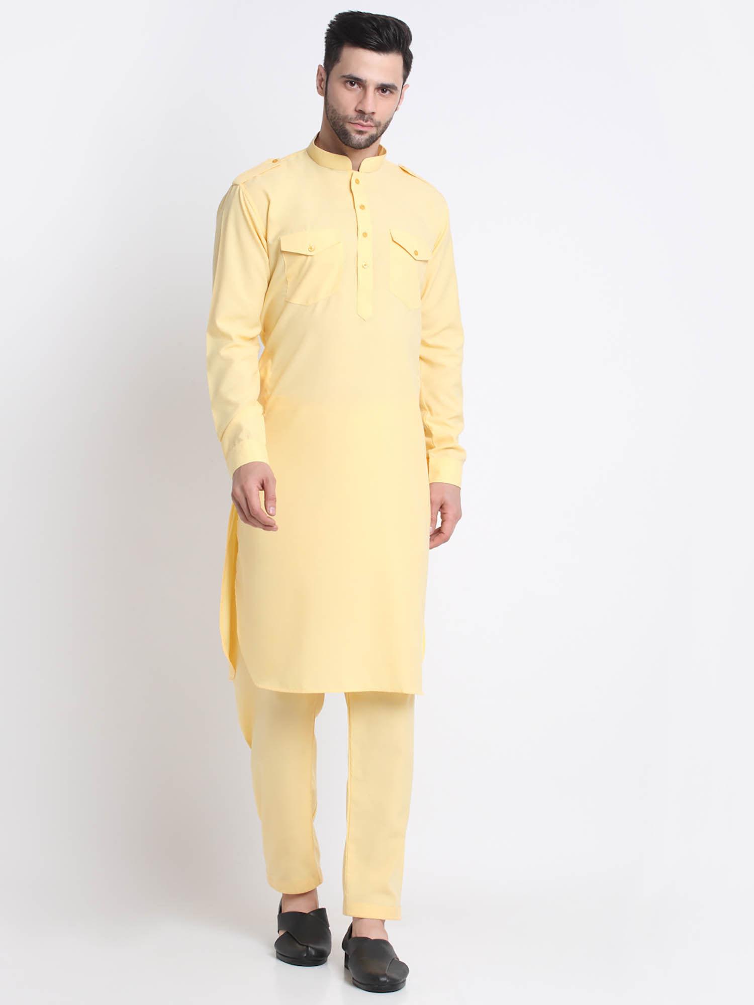 men yellow cotton solid pathani and trousers (set of 2)
