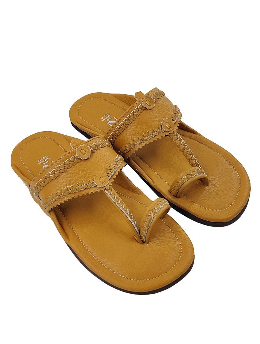 men yellow leather braided open back one toe flats kolhapuris