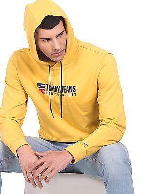 men yellow logo print athletic hooded sweatshirt
