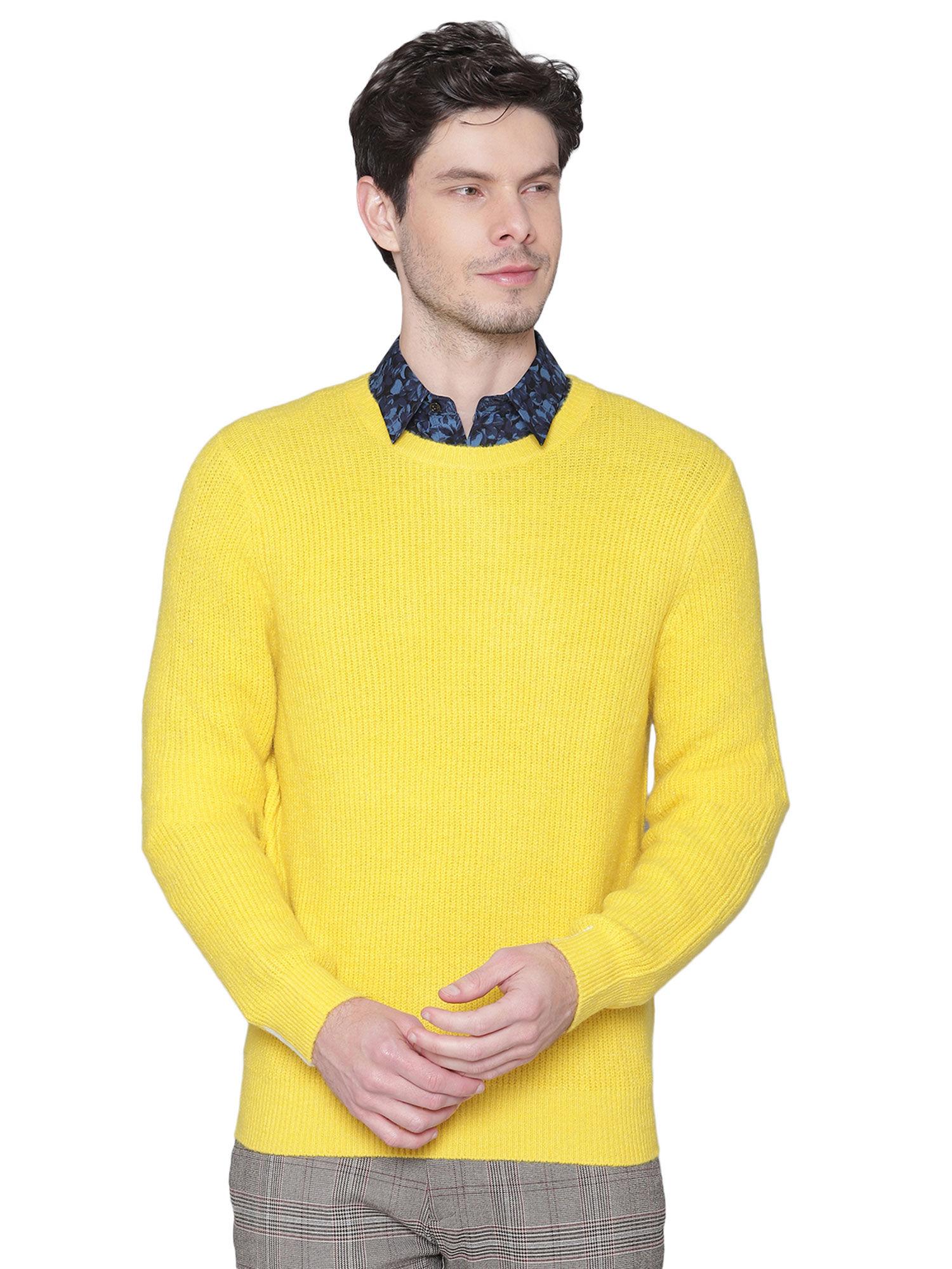 men yellow solid regular fit sweater