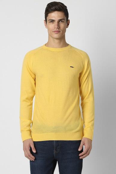 men yellow textured crew neck sweater