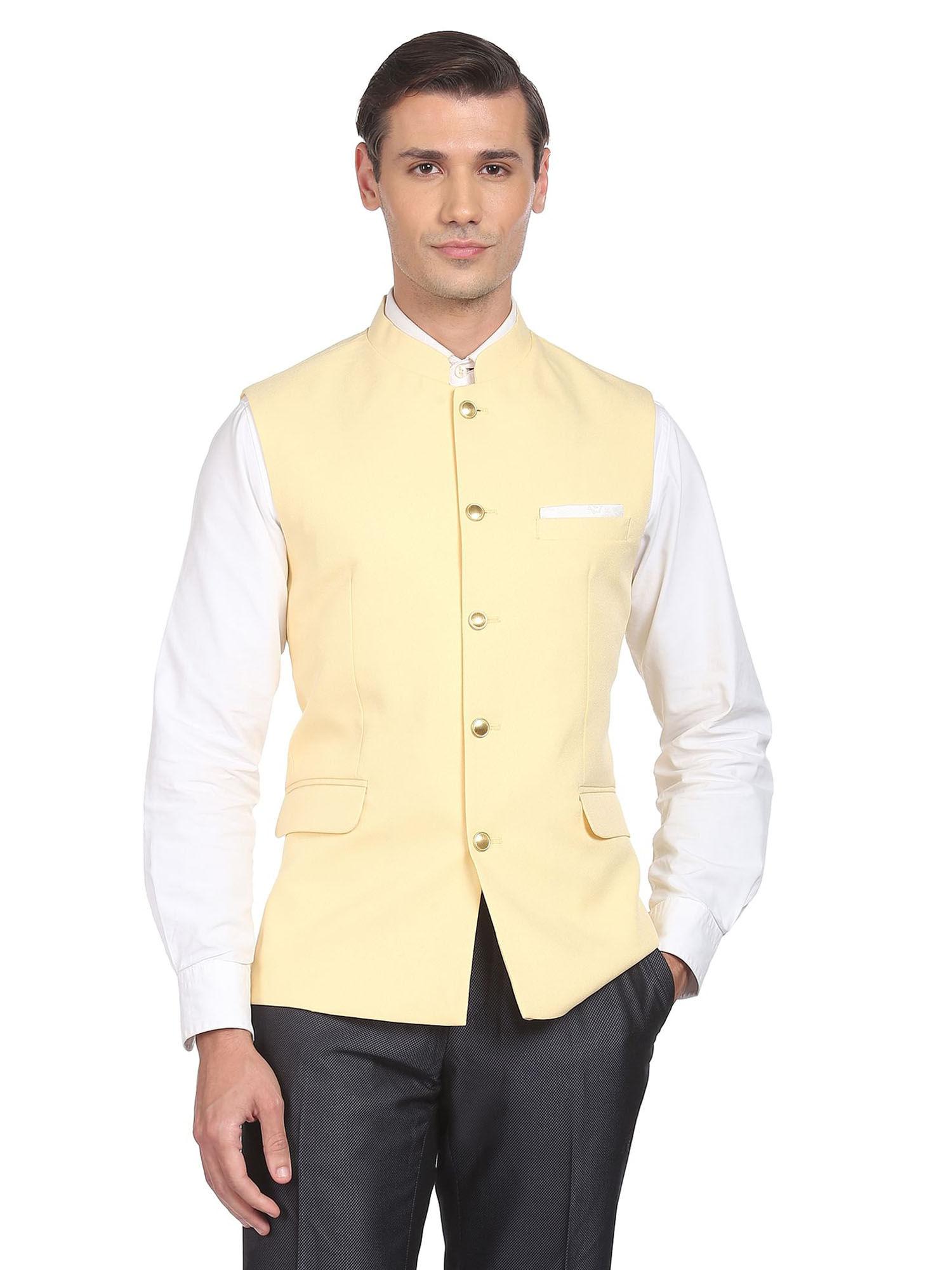 men yellow textured tailored regular fit nehru jacket