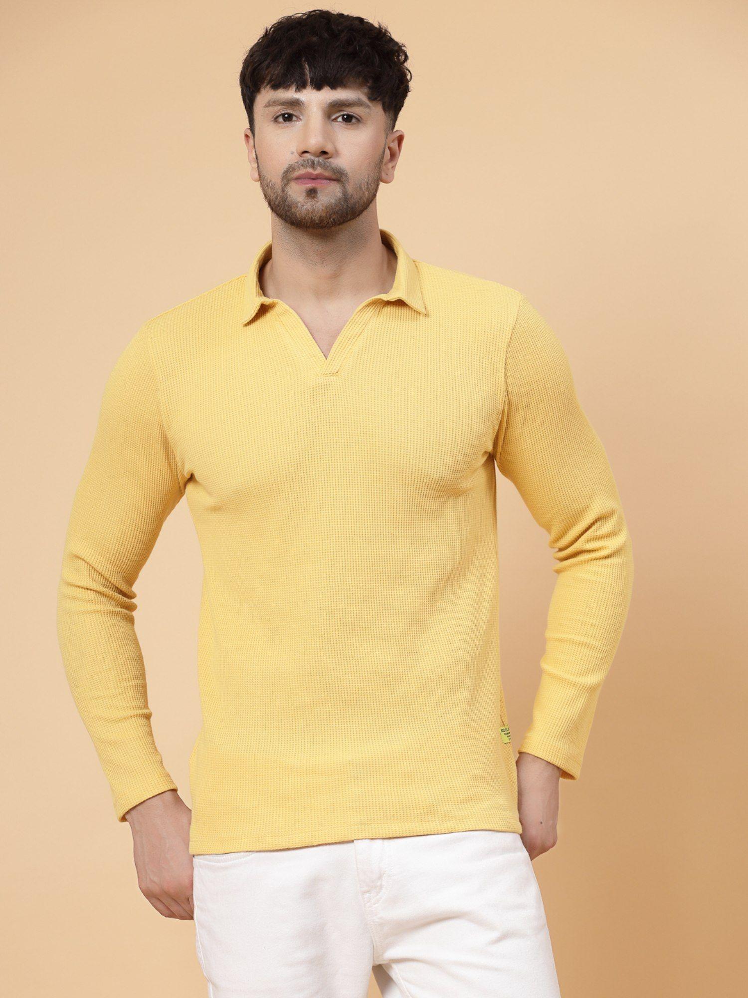 men yellow waffle knit solid polo t-shirt