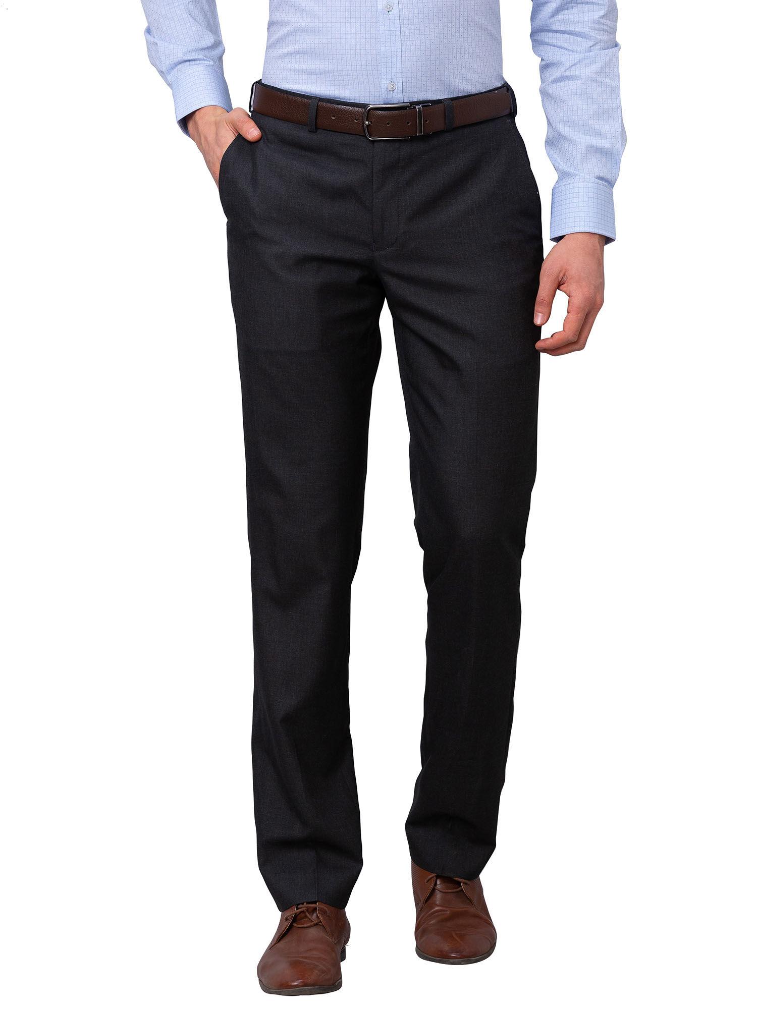 men`s regular fit self design mid waist black formal trouser