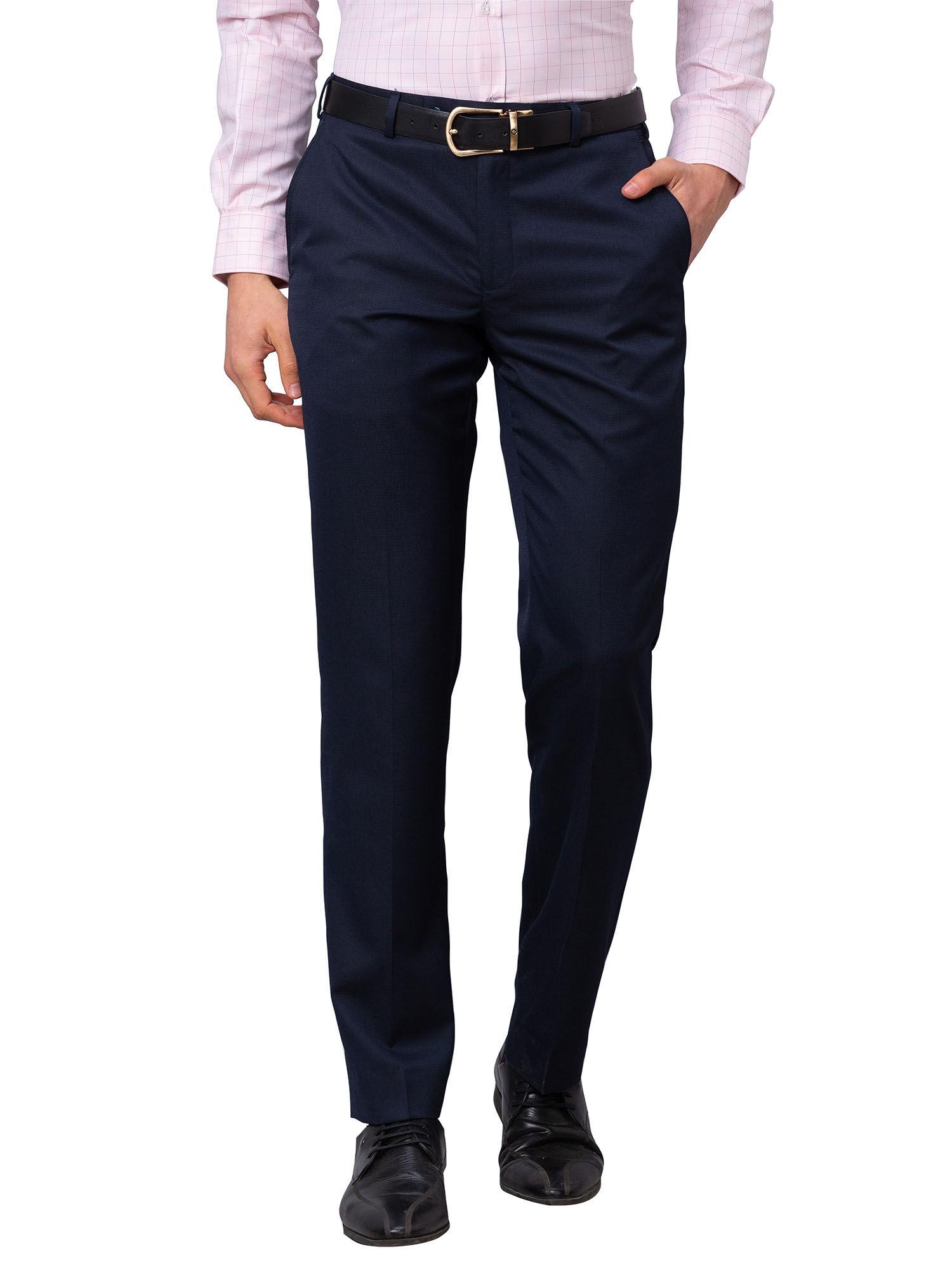 men`s regular fit self design mid waist blue formal trouser