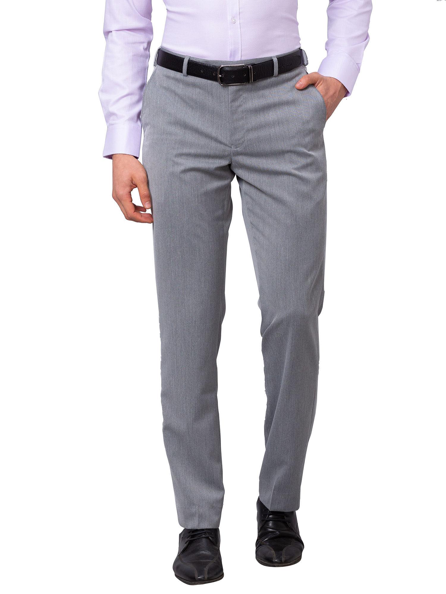 men`s regular fit self design mid waist grey formal trouser