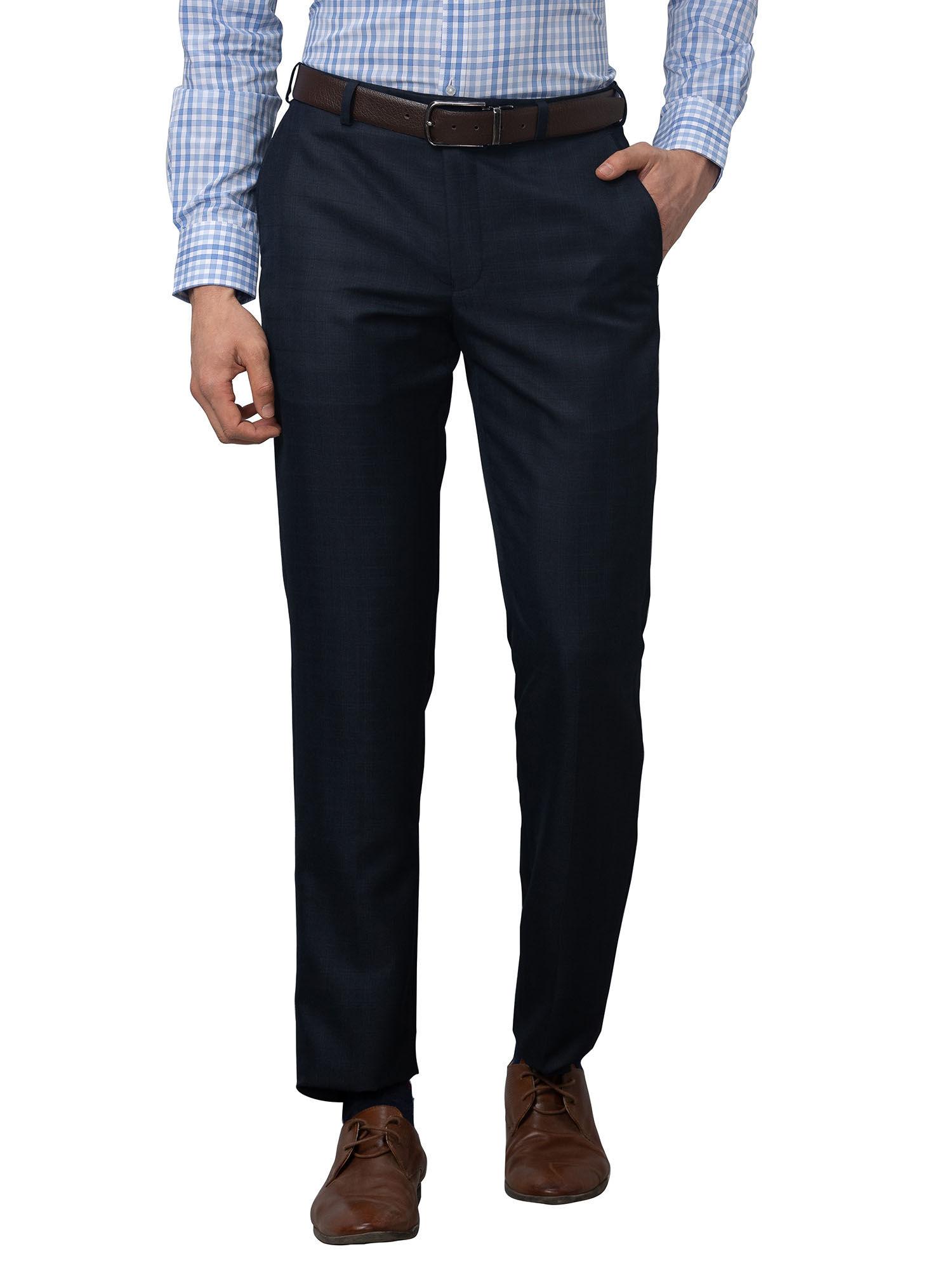men`s regular fit checks mid waist navy blue formal trouser