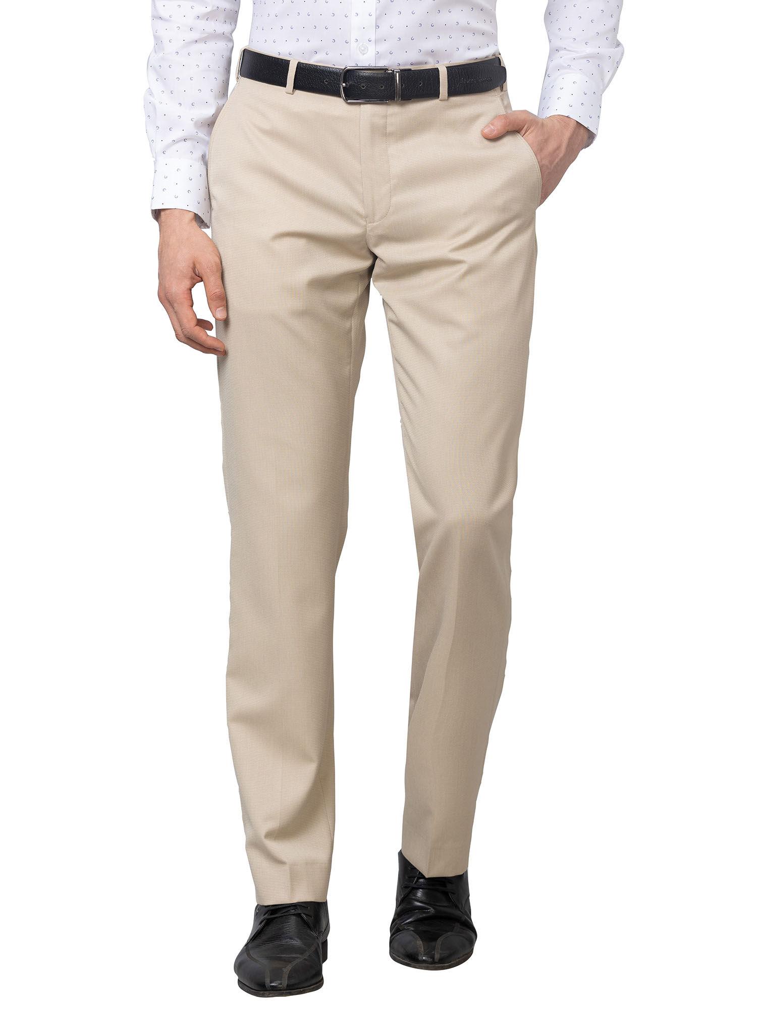 men`s regular fit self design mid waist beige formal trouser