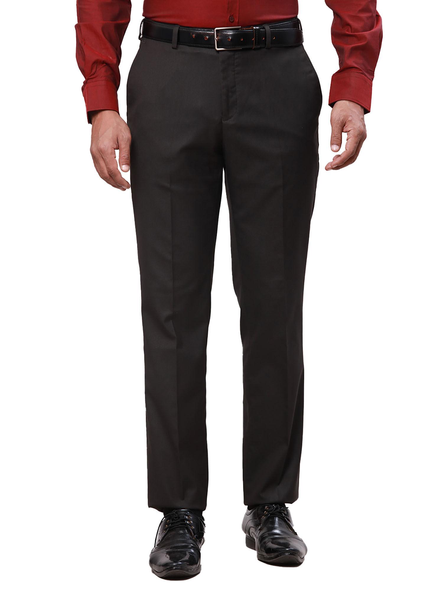 men`s regular fit solid mid waist brown formal trouser