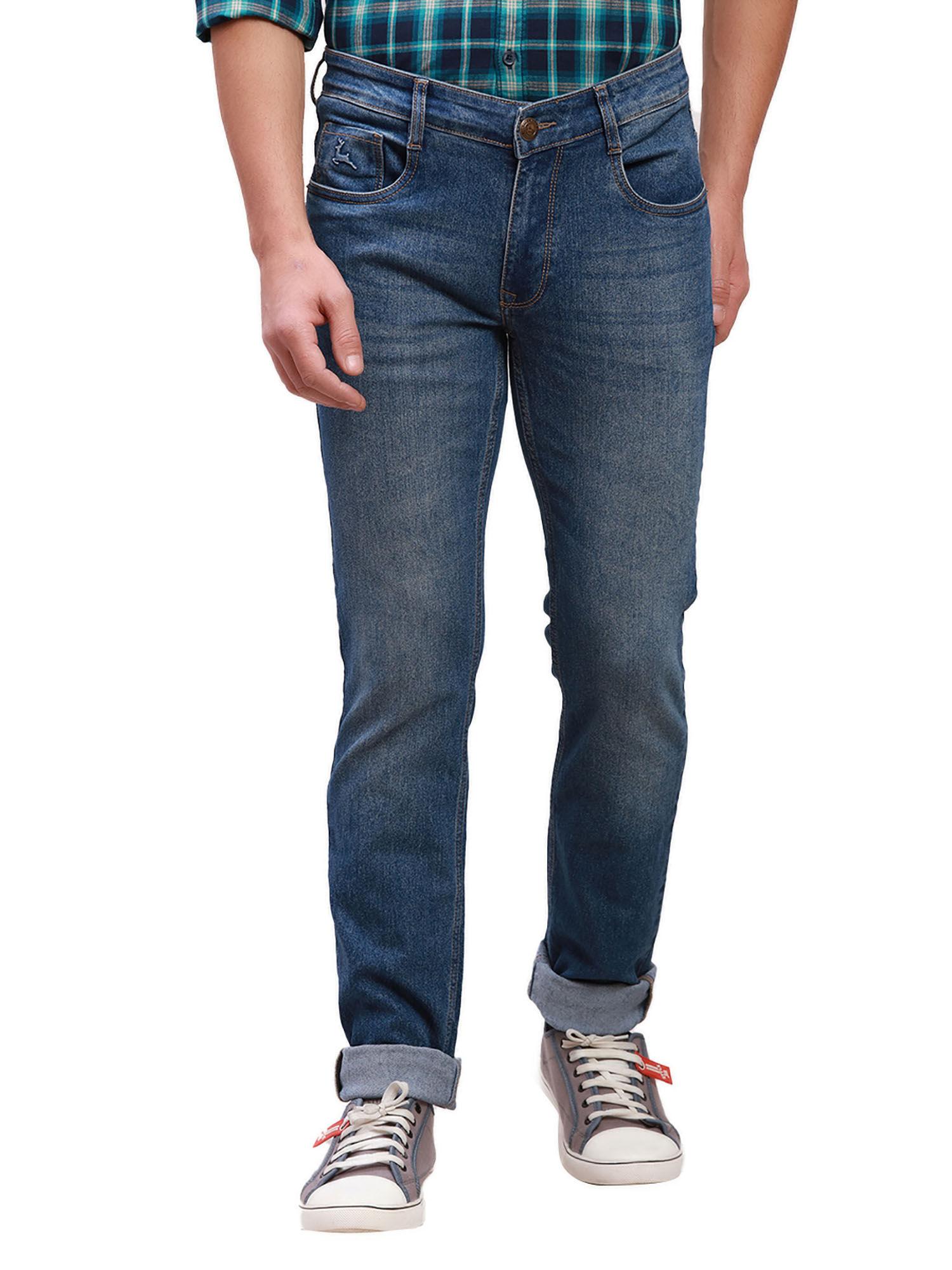 men`s tapered fit solid low waist blue jeans