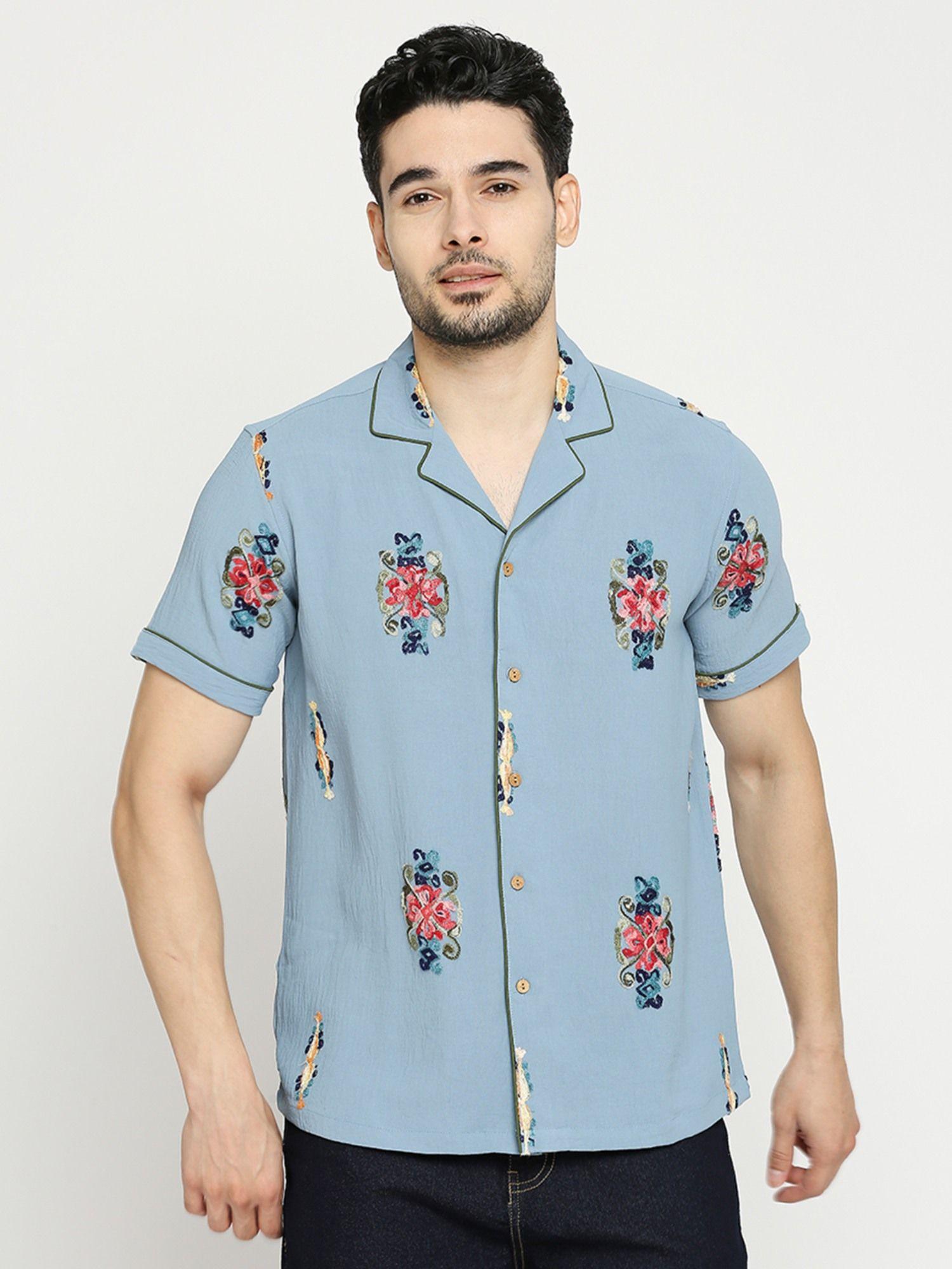 men's aari embroidered crush fabric regular fit half sleeves cuban collar shirt