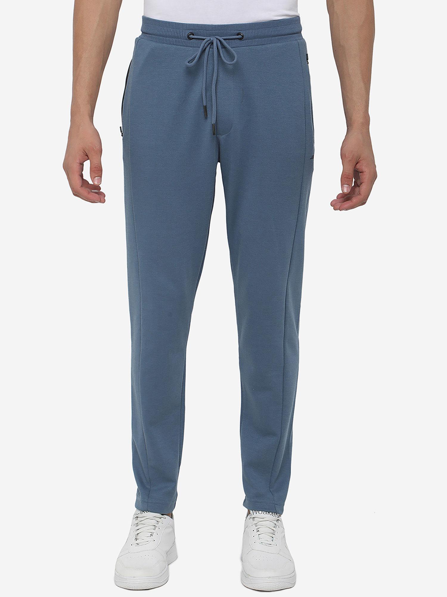 men's aqua blue cotton blend slim fit solid track pant
