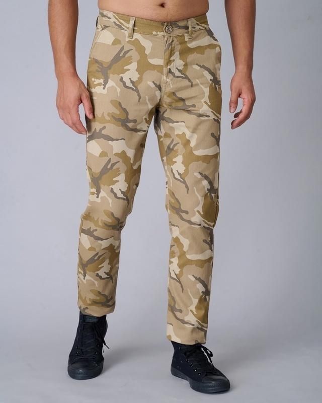 men's beige camouflage printed slim fit trousers