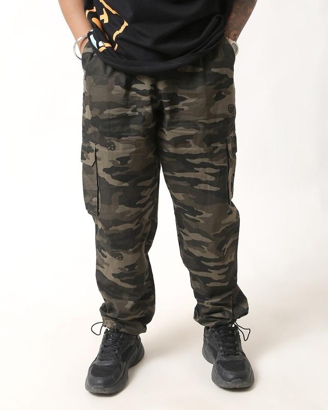 men's black & brown camouflage printed loose comfort fit cargo parachute pants