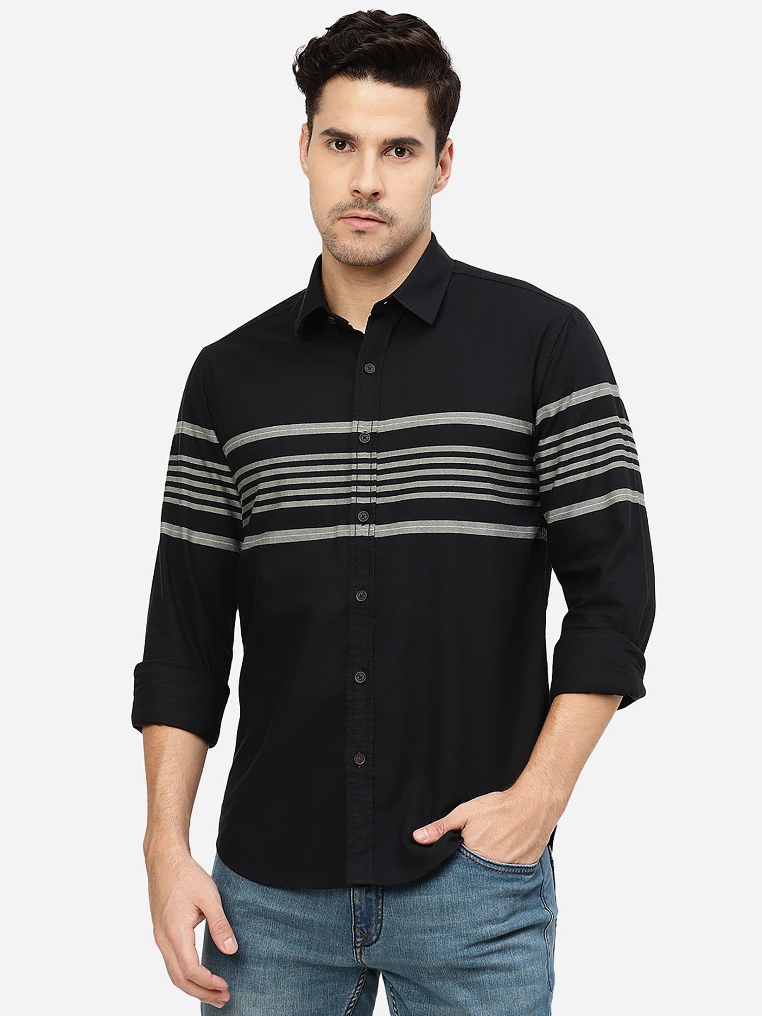 men's black 100% cotton slim fit striped semi casual shirt
