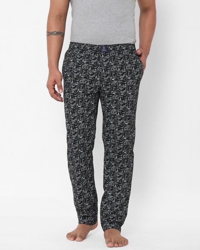 men's black all over printed cotton lounge pants