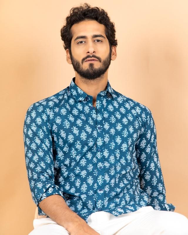 men's blue jaipuri printed shirt