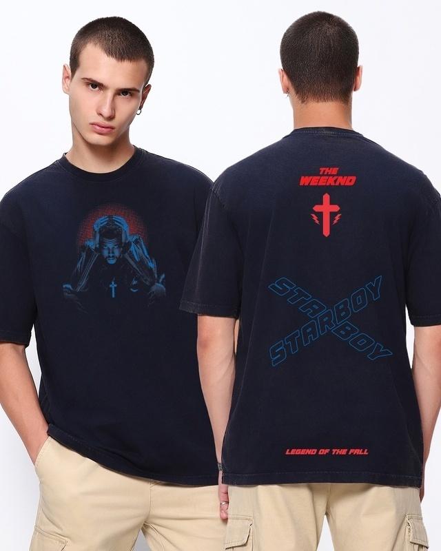 men's blue the weeknd graphic printed oversized acid wash t-shirt