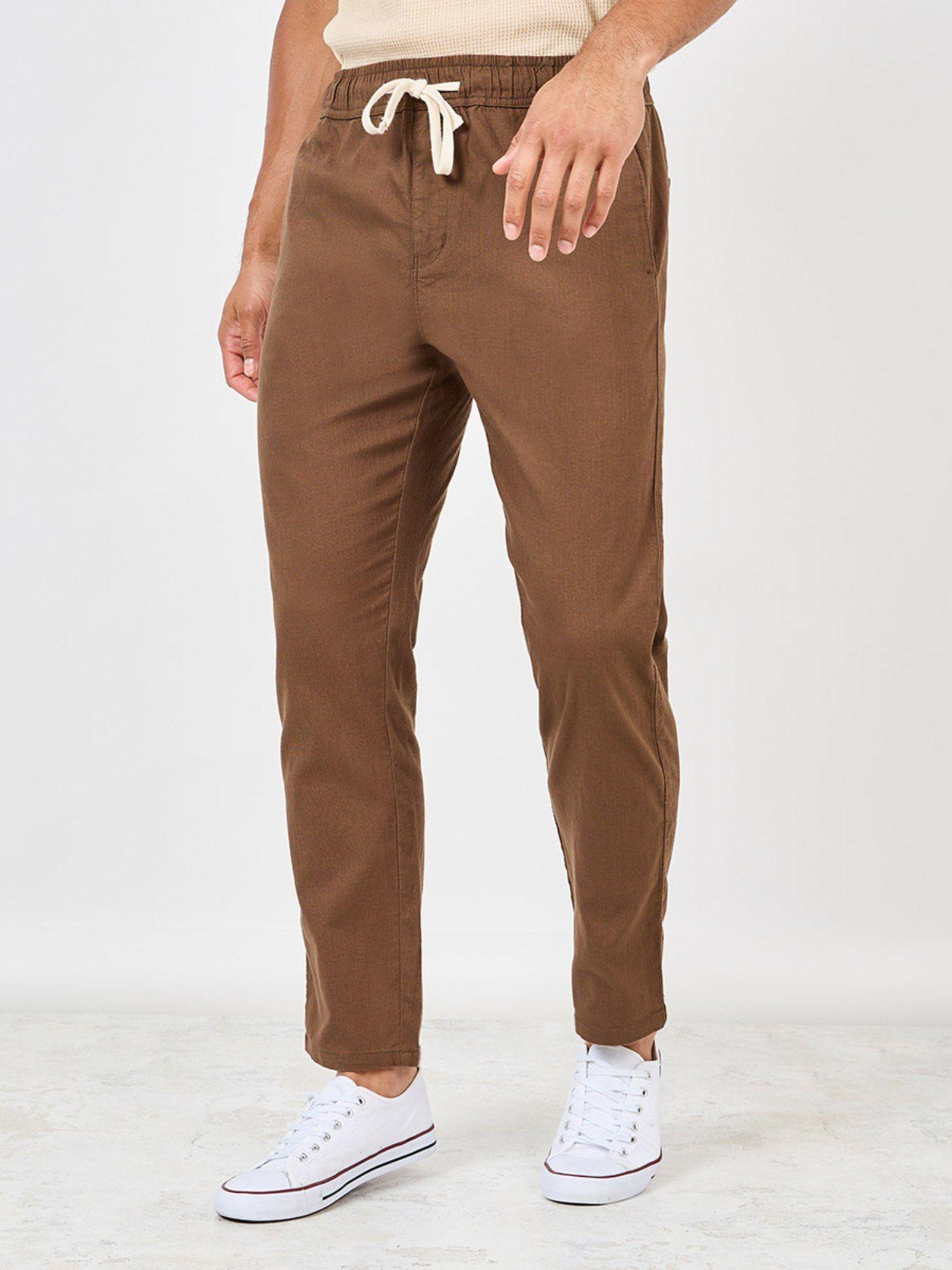 men's brown cotton slub relaxed fit lounge trousers